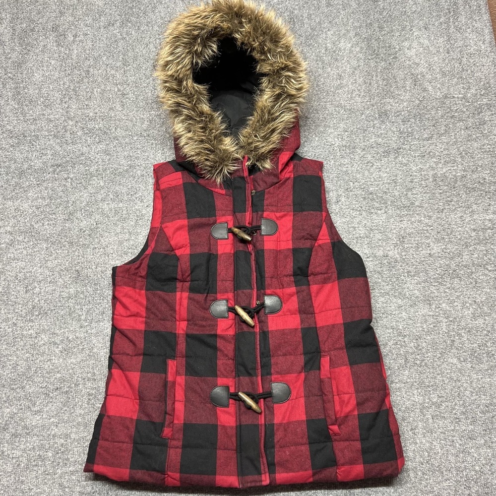 Maurices Vest Womens Large Red Plaid Hooded Faux Fur Toggle Puffer Quilted